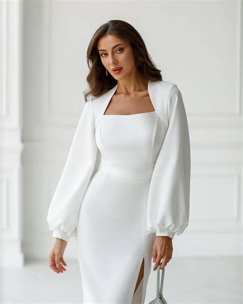 White Square Neck Puff Sleeve Midi Dress Elagia