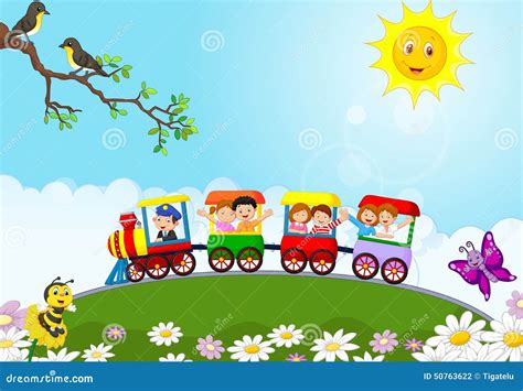 Happy Kids Cartoon On A Colorful Train Stock Vector Illustration Of