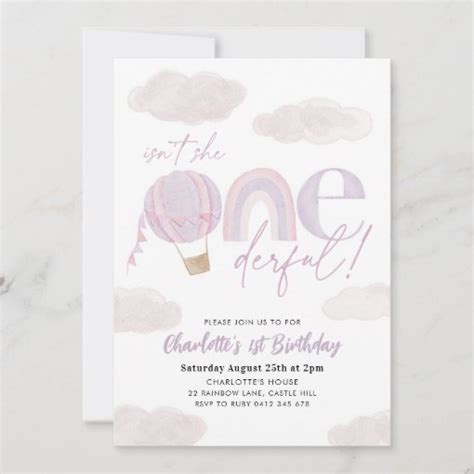 Onederful Hot Air Balloon Purple Girl St Birthday Invitation Zazzle