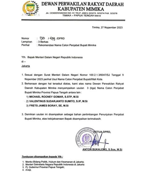 Beredar Surat Rekomendasi Nama Calon Pj Bupati Mimika Yang