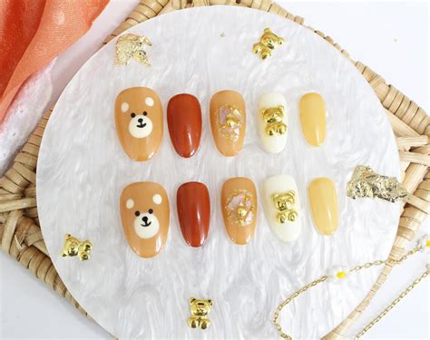 Teddy Bear Nails Press On Nails Cute Kawaii Nails Warm Etsy