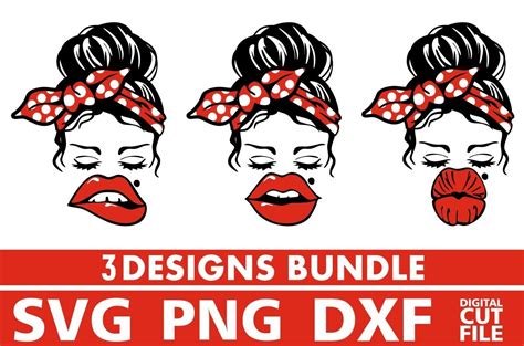 3x Woman In Messy Bun Bundle Svg Red Lips Svg Bandana Svg 902990 Cut Files Design Bundles