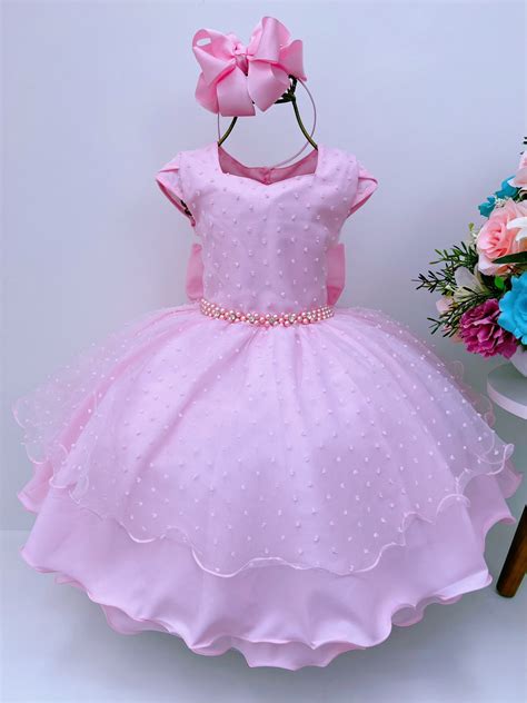 Vestido Infantil Rosa Luxo Tule Cinto P Rolas Festas Rosa Charmosa