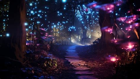 Ai Generated Illustration Of A Pathway In A Dark Forest Illuminated By