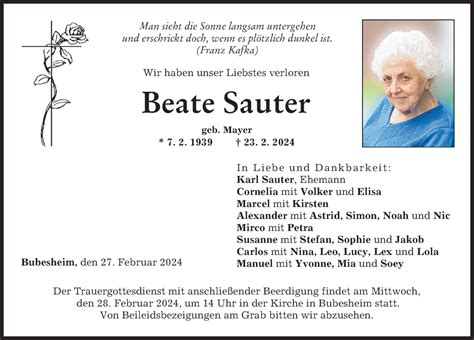 Traueranzeigen Von Beate Sauter Augsburger Allgemeine Zeitung