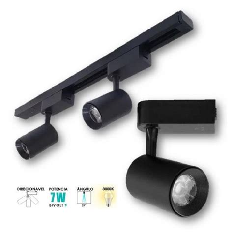 Kit Trilho Eletrificado 1 Metro Preto 2 Spots Led 7W 3000K No Shoptime