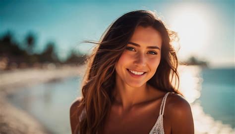 Premium Ai Image A Beautiful Young Woman On The Beach In Summer