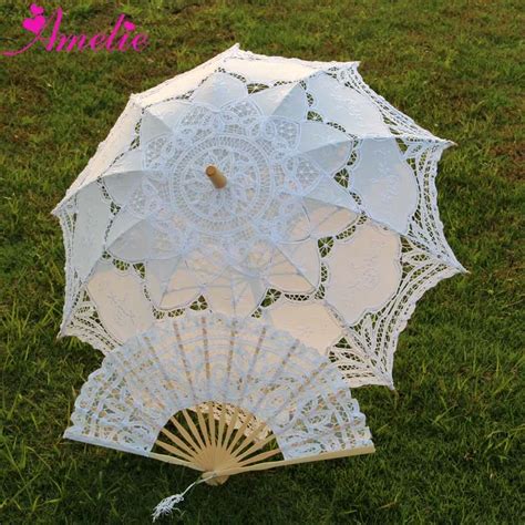 Adult Size Vintage Battenburg Lace Parasol And Fan Sun Umbrella Set