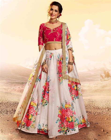 White Organza Floral Print Lehenga Choli Lehengas Designer Collection