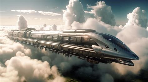 Flying Passenger Train Futuristic Sci Fi City In Clouds Concept Of The Future Ai Generative