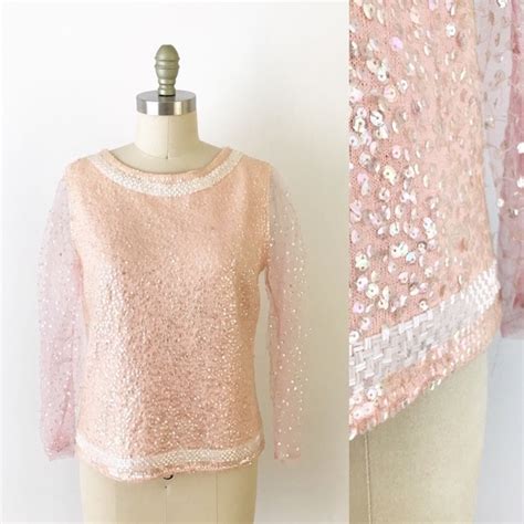 Vintage Sweaters Vintage Beaded Sequin Party Knit Light Pastel Pink