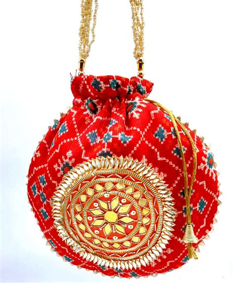 Wedding Hand Crafted Patola Print Potli With Gota Patch Bag With Beaded