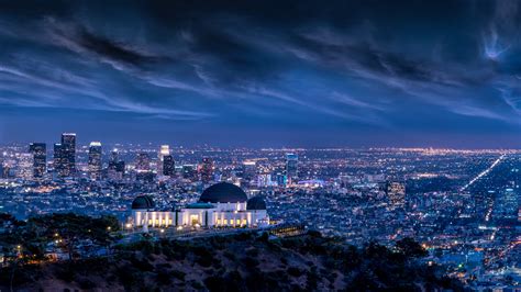 Wallpaper Cityscape, night, storm, lights, Griffith Observatory, Los ...