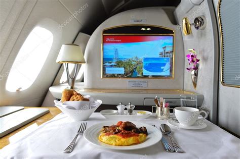 Breakfast food in Emirates Airbus A380 interior. – Stock Editorial Photo © teamtime #93729856