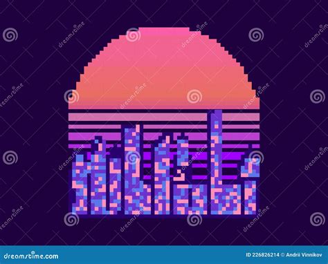 Pixel Art City At Sunset 8 Bit Cityscape On The Pixel Sun 80s