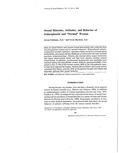 Pdf Sexual Histories Attitudes And Behavior Of Schizophrenic And