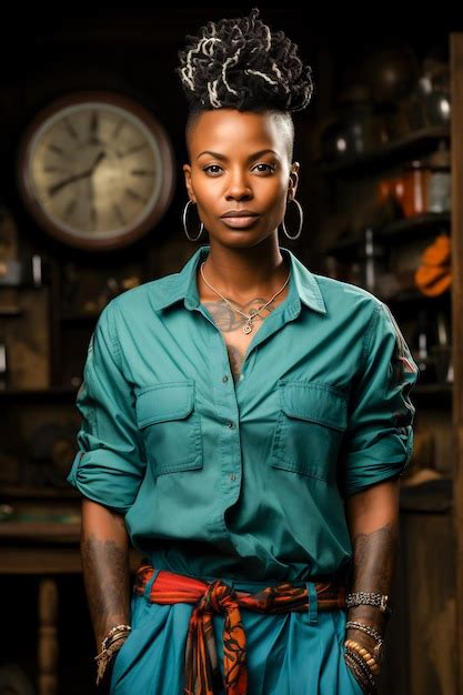 Premium Photo Woman With Green Shirt And Red Pants Standing In Front Of Clock Generative Ai