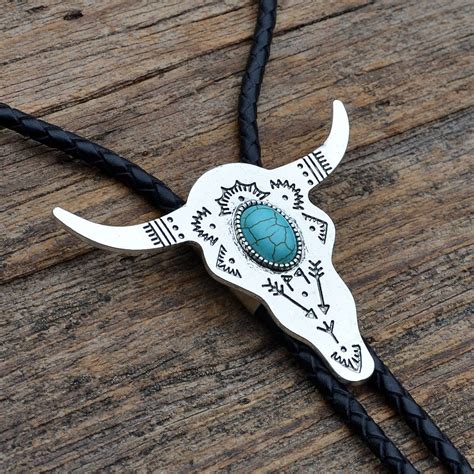 Cow Skull With Genuine Turquoise Cabochon Bolo Tie Customizable Cord