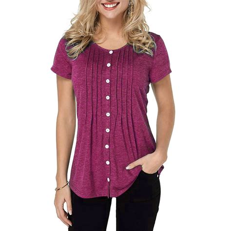 Ukap Women Summer Button Up Front Tops Shirts Casual Loose Pullover T Shirt Round Neck Pleated