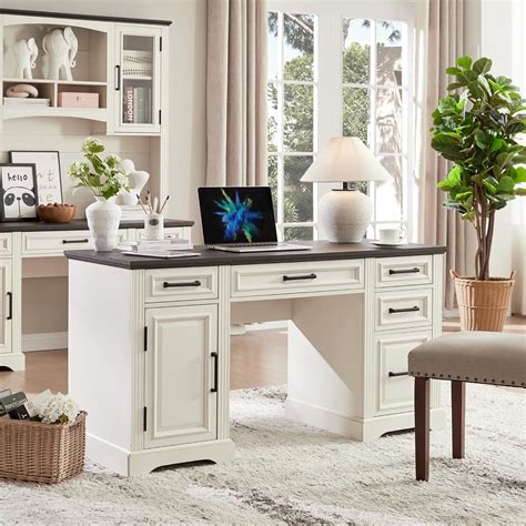 T4TREAM White Farmhouse 58 Executive Desk Home Office Computer Desk