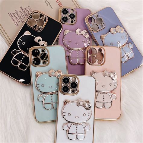 Luxury Cute Hello Kitty Makeup Mirror Plating Holder Stand Phone Case