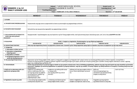 Dll Esp 4 Q3 W4 Daily Lesson Log Grades 1 To 12 Daily Lesson Log