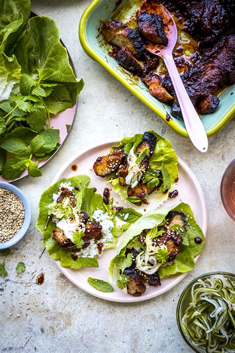 Gochujang Pork Belly Strips With Lettuce Leaves And Cucumber Donal Skehan Eat Live Go