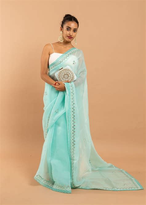 Powder Blue Organza Saree With Silk Thread And Glasswork Saree And