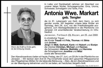 Traueranzeigen Von Antonia Markart Trauer Bz