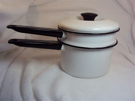 Classic Vintage Enamel Ware Double Boiler In White And Black Etsy