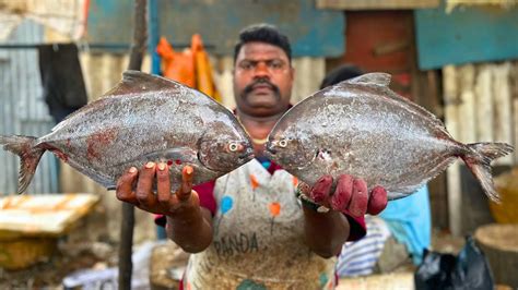 Kasimedu Speed Selvam Big Black Pomfret Fish Cutting In Kasimedu