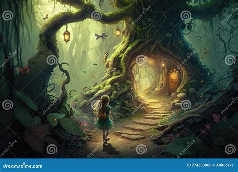 Enchanting Forest With Magical Creatures Fairies And Elves In Their