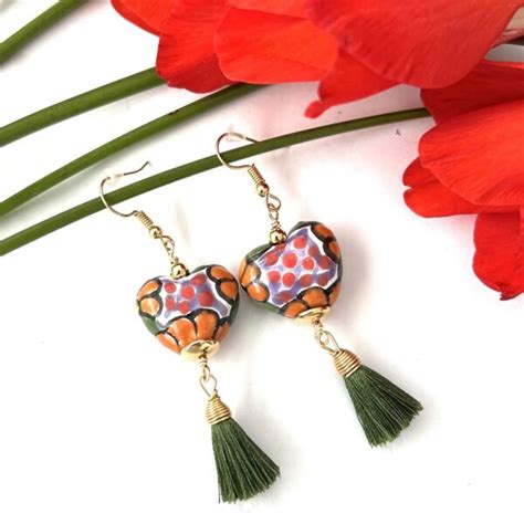 Aretes talavera corazón mechas verde Albor Arte Mx