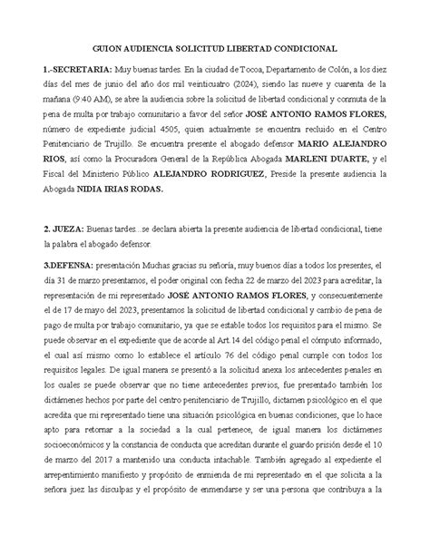Guion Final Audiencia Solicitud Libertad Condicional Penal Guion