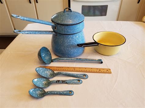 Antique Blue Graniteware Enamelware Double Boiler Sauce Pan