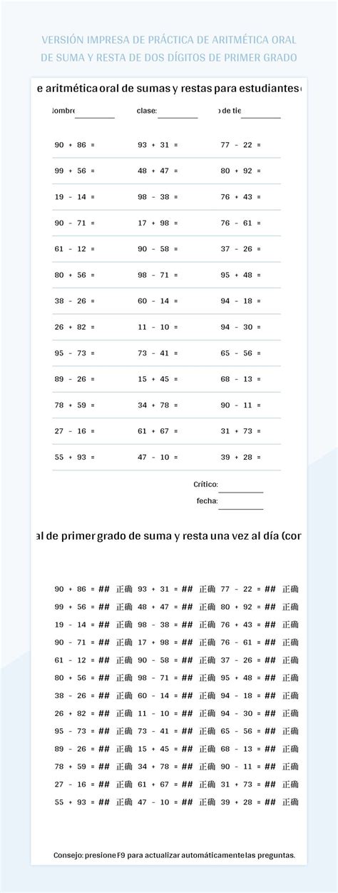 Plantilla de Excel Versión Impresa De Práctica De Aritmética Oral De