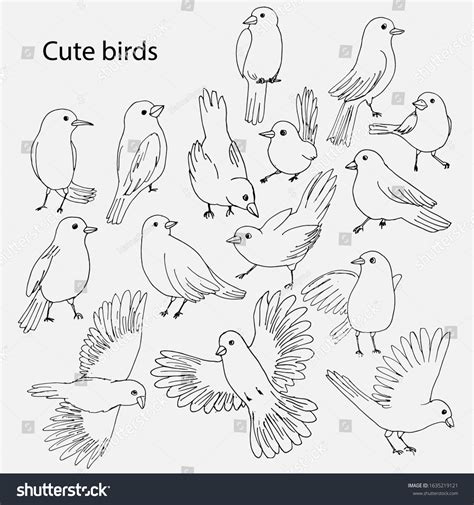 Cute Birds Icons Different Poses Set Stock Vector Royalty Free