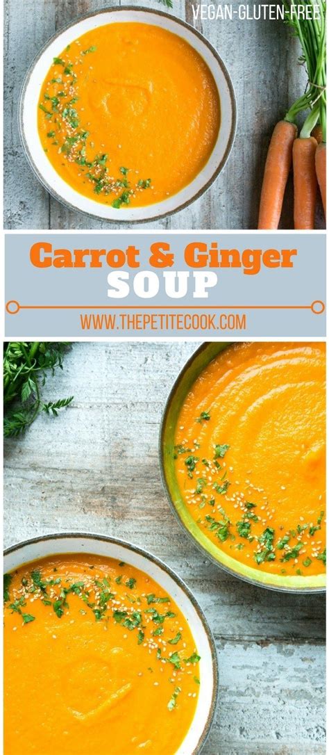 Two Bowls Of Carrot And Ginger Soup On A Wooden Table With The Title