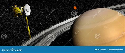 Cassini Spacecraft Near Saturn And Titan Satellite - 3D Render Royalty ...