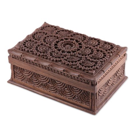 Hand Carved Walnut Wood Jewelry Box With Floral Motif Kashmir