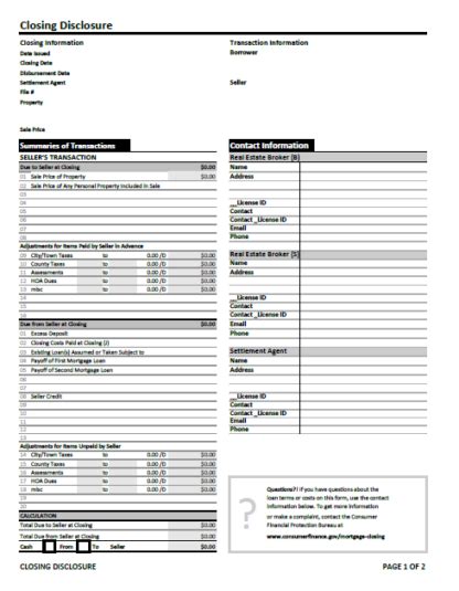 Closing Disclosure Fillable Form Seller Side Only 2 Page Wedoforms