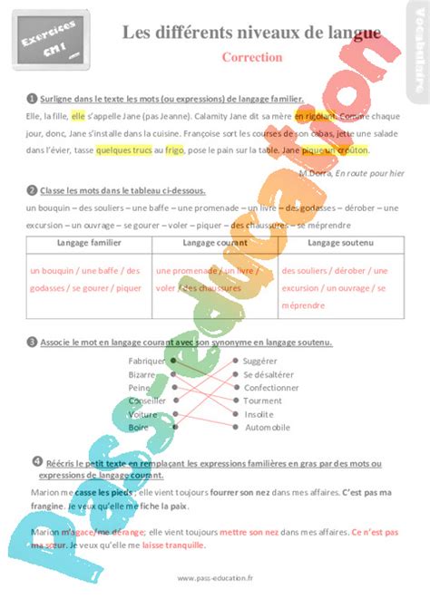 Les Diff Rents Niveaux De Langue Exercices R Visions Eme Primaire