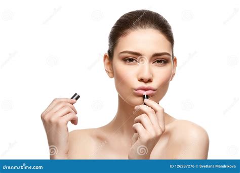 Girl Applying Pink Lipstick Isolated On White Stock Photo Image Of