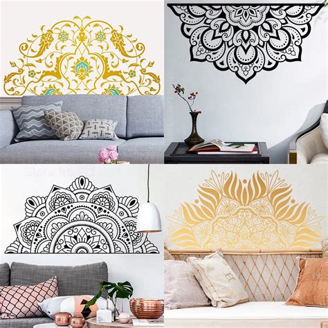 Gold Black Mandala Lotus Flower Wall Stickers Half Mandala Vinyl Decals