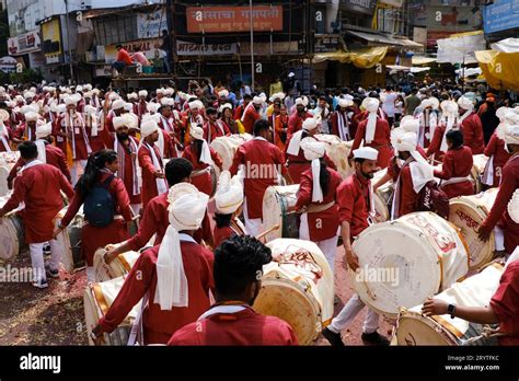 Pune, India - September 29, 2023, Ganesh immersion procession, Dhol ...