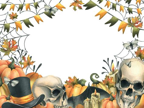 Human Skulls With Black Witch Hat Orange Pumpkins Cobwebs Candles And Autumn Maple Leaves