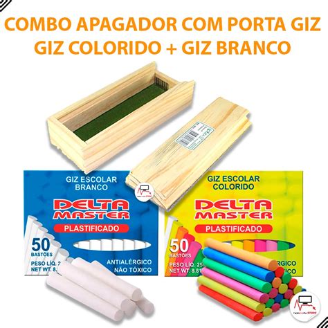 Kit Combo Apagador Porta Giz 50 Giz Colorido Plastificado 50