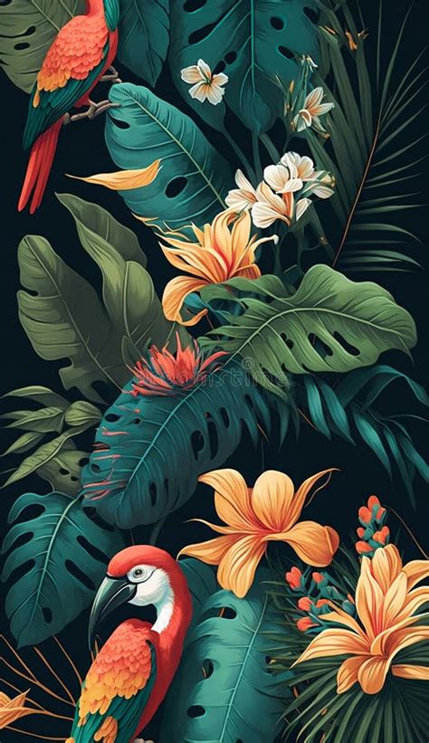 Tropical Pattern With Rainforest Plants And Birds Like Leaves Fruits