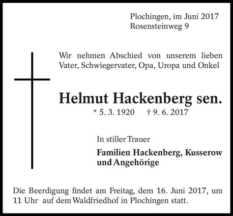 Traueranzeigen Von Helmut Hackenberg Zeit Des Gedenkens De