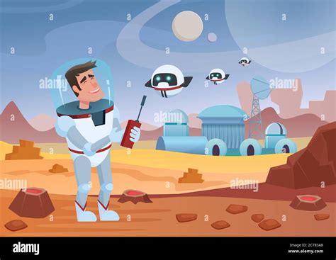 Vector Illustration Of Cheerful Cartoon Spaceman Astronaut Standing And